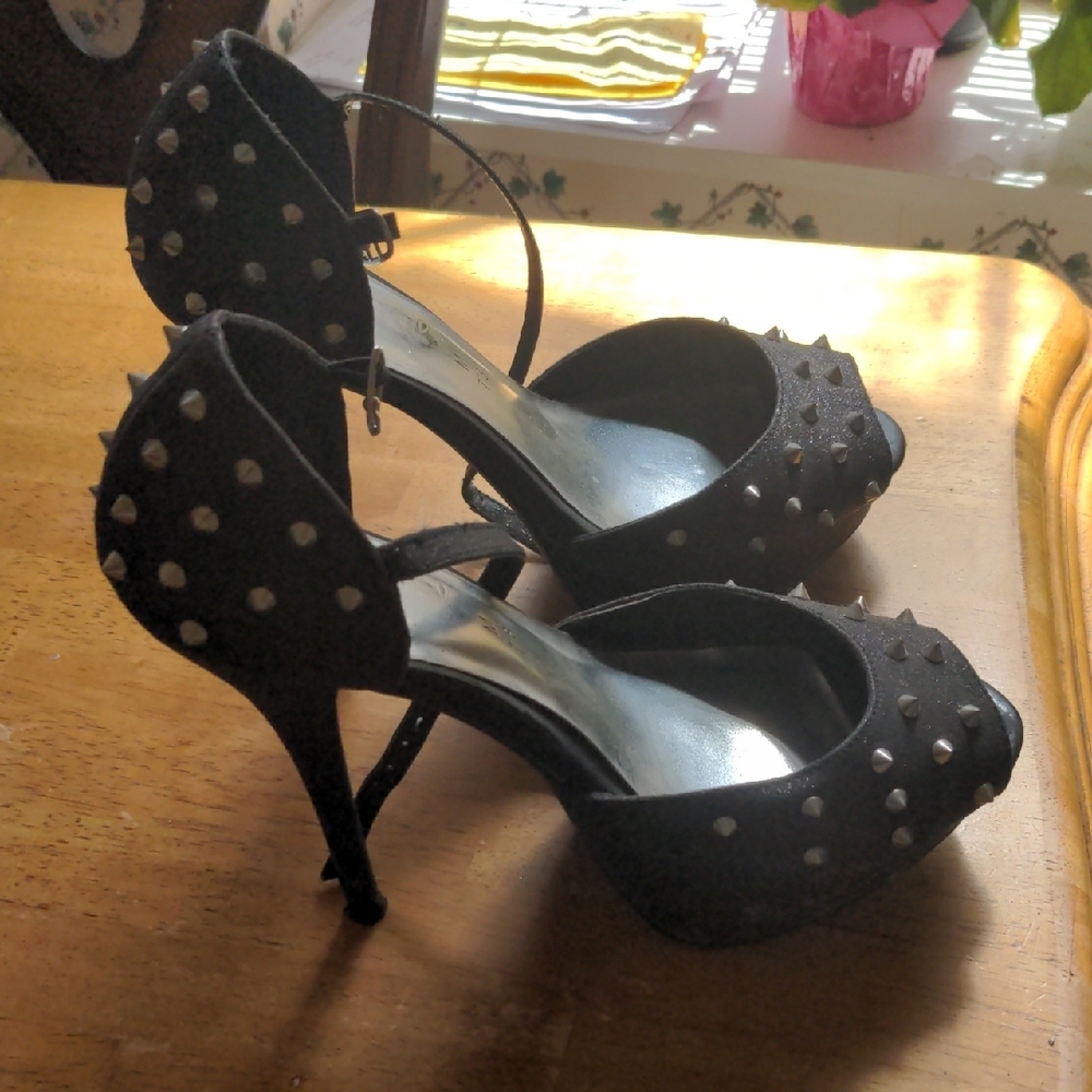 Black Strappy Stiletto Heels with Studded Detailing